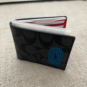 Coach Slim Billfold Wallet in Colorblock Signature Canvas w/ Patch-Charcoal/Blue